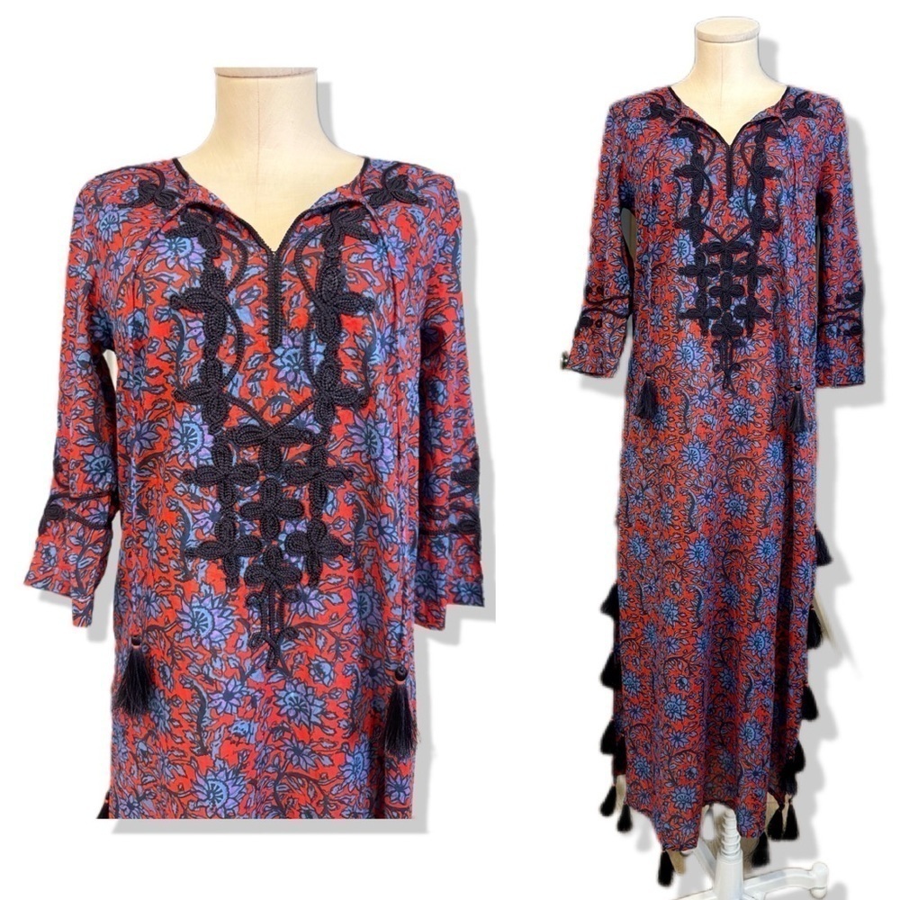 ROLLER RABBIT woman’s size S red and blue maxi kaftan dress with embroidery